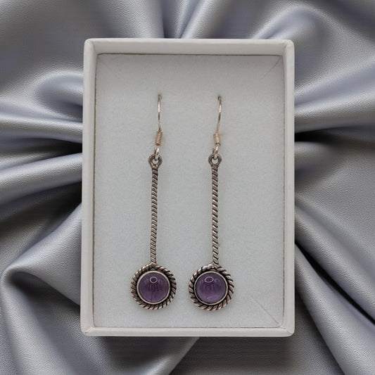 Sterling Silver Emira Amethyst Twist Effect Straight Drop Earrings With Round Stone 2"