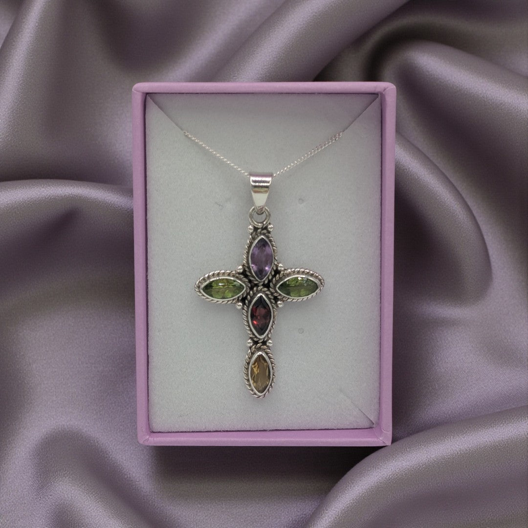 Sterling Silver Multi Stone Cross Necklace