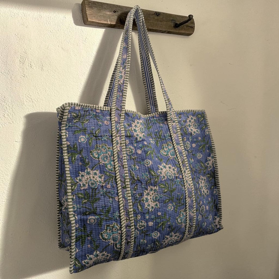 Powder Blue, Green & White Floral Hand Block Printed Cotton Tote Bag