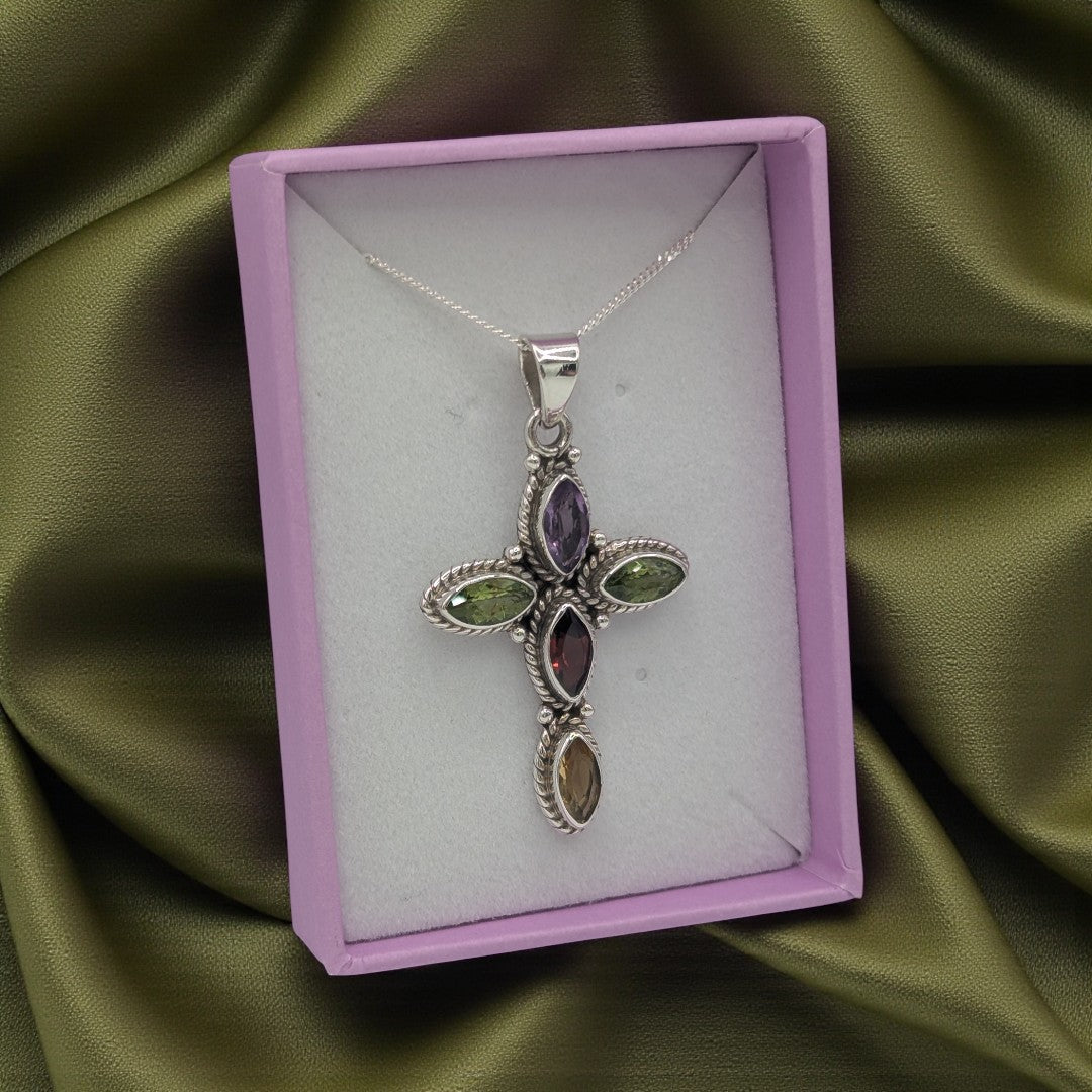 Sterling Silver Multi Stone Cross Necklace
