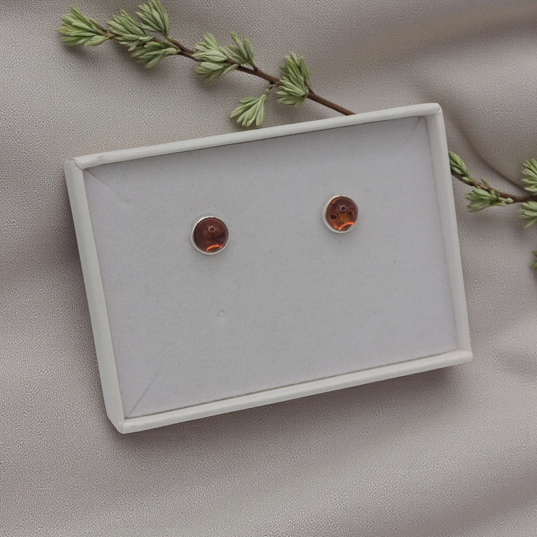 Sterling Silver Amber Round Stud Earrings 0.3"