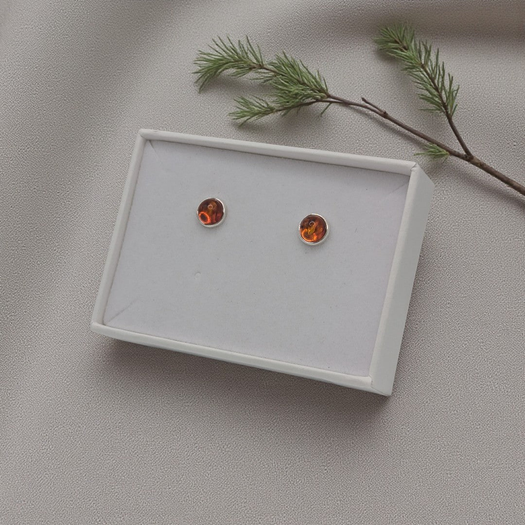 Sterling Silver Amber Round Stud Earrings 0.3"