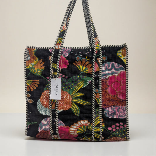 Black & Multicolour Floral Hand Block Printed Cotton Tote Bag