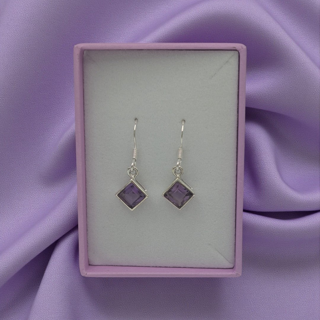 Sterling Silver Sparkling Amethyst Diamond Shape Drop Earrings 1.1"