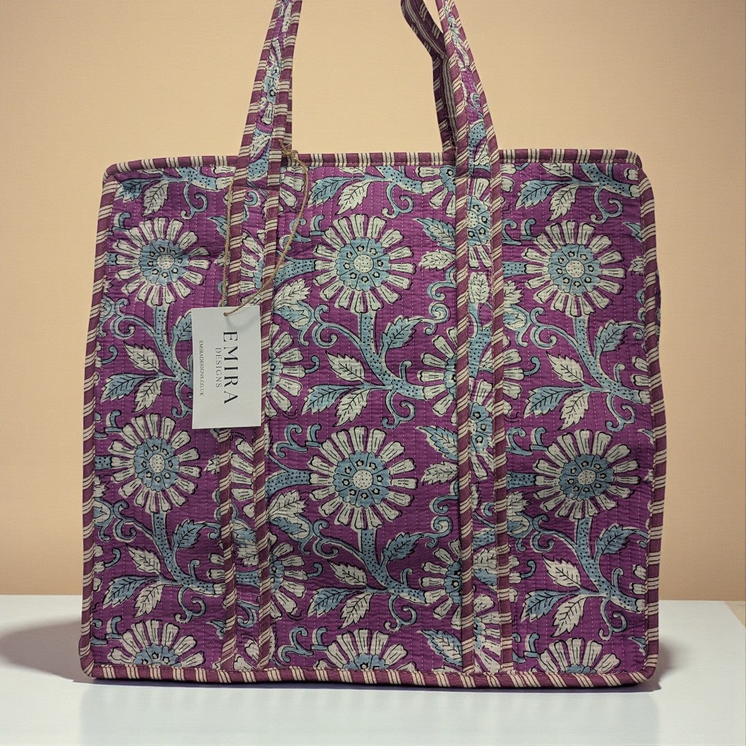 Purple Floral Hand Block Printed Cotton Tote Bag