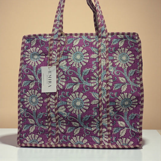 Purple Floral Hand Block Printed Cotton Tote Bag