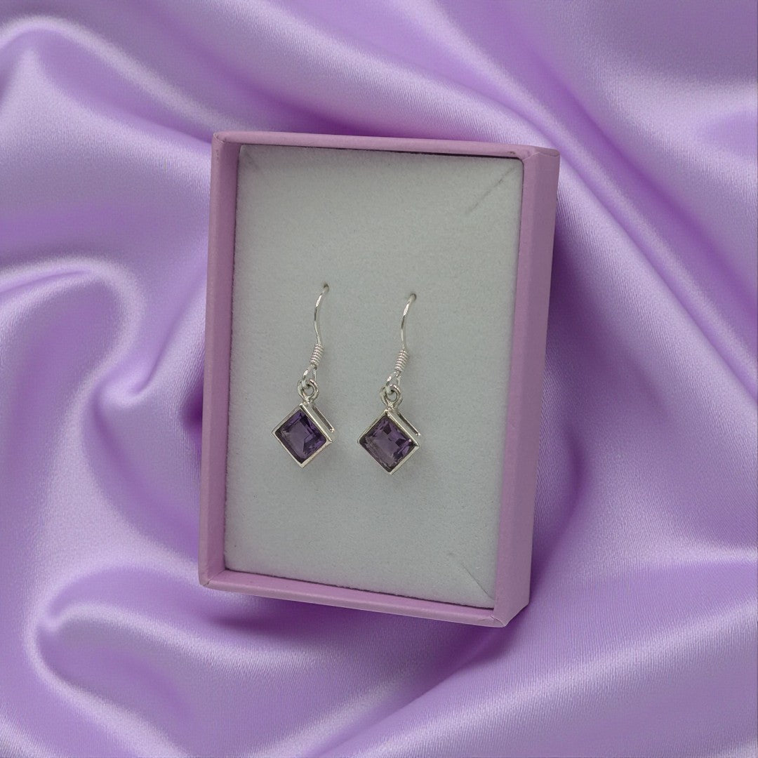 Sterling Silver Sparkling Amethyst Diamond Shape Drop Earrings 1.1"