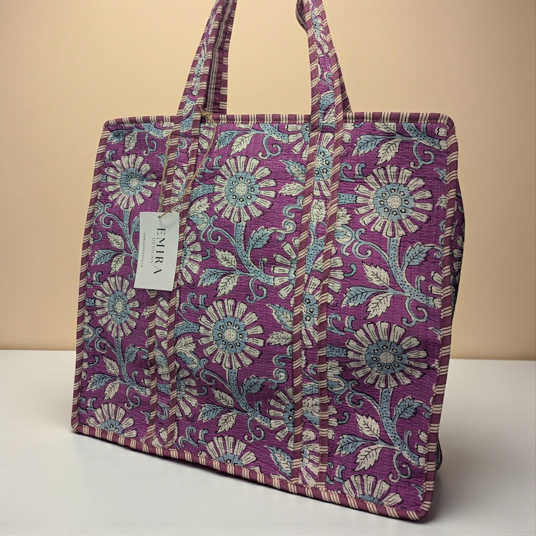 Purple Floral Hand Block Printed Cotton Tote Bag