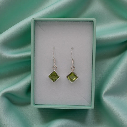 Sterling Silver Peridot Diamond Shape Drop Earrings 1.1"