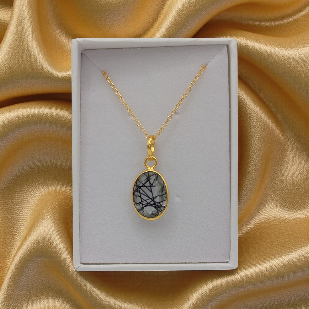 Emira Gold Plated Sterling Silver Black Rutilated Quartz Necklace With Oval Stone