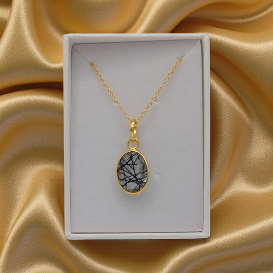Emira Gold Plated Sterling Silver Black Rutilated Quartz Necklace With Oval Stone