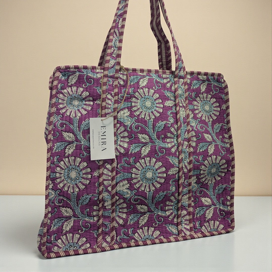 Purple Floral Hand Block Printed Cotton Tote Bag