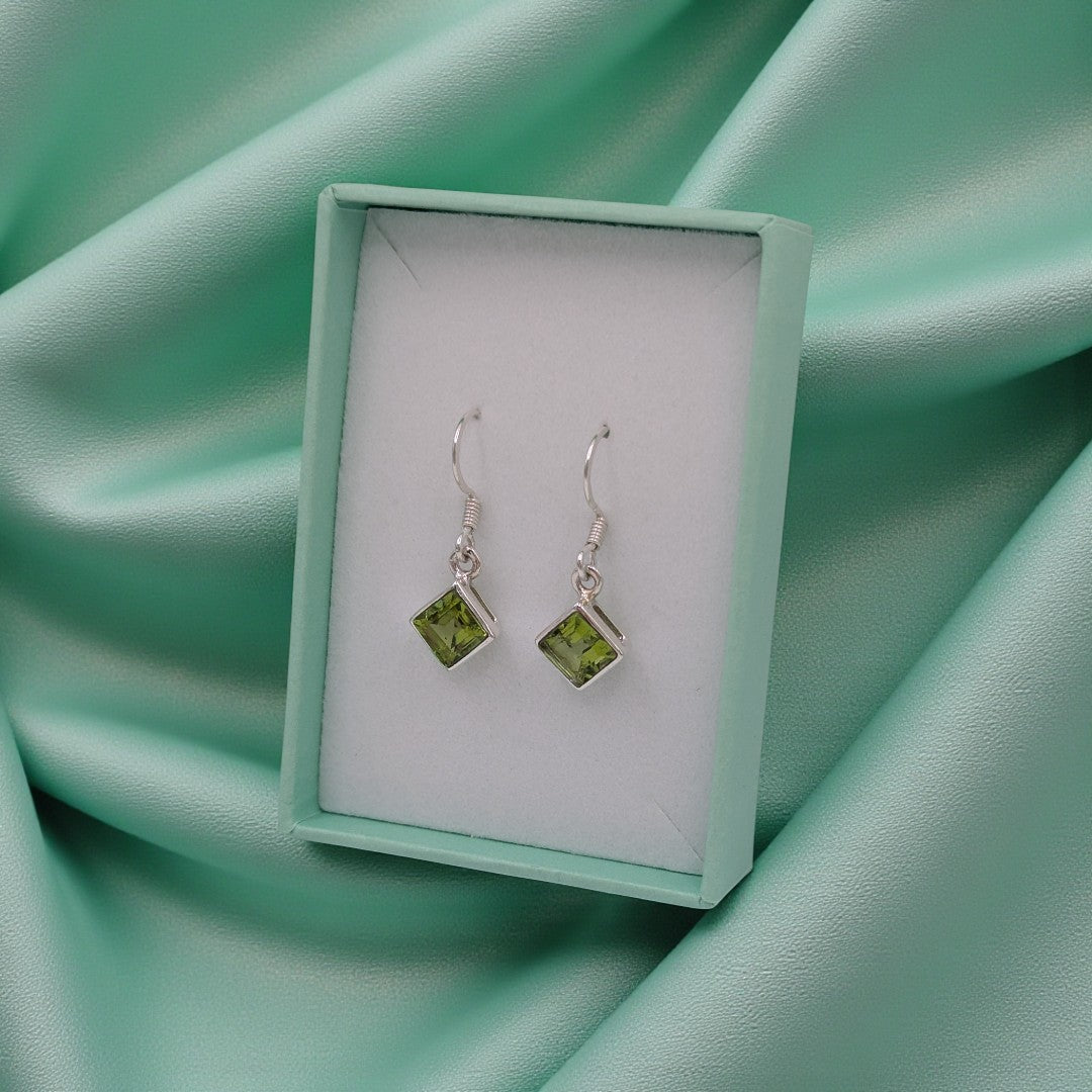 Sterling Silver Peridot Diamond Shape Drop Earrings 1.1"