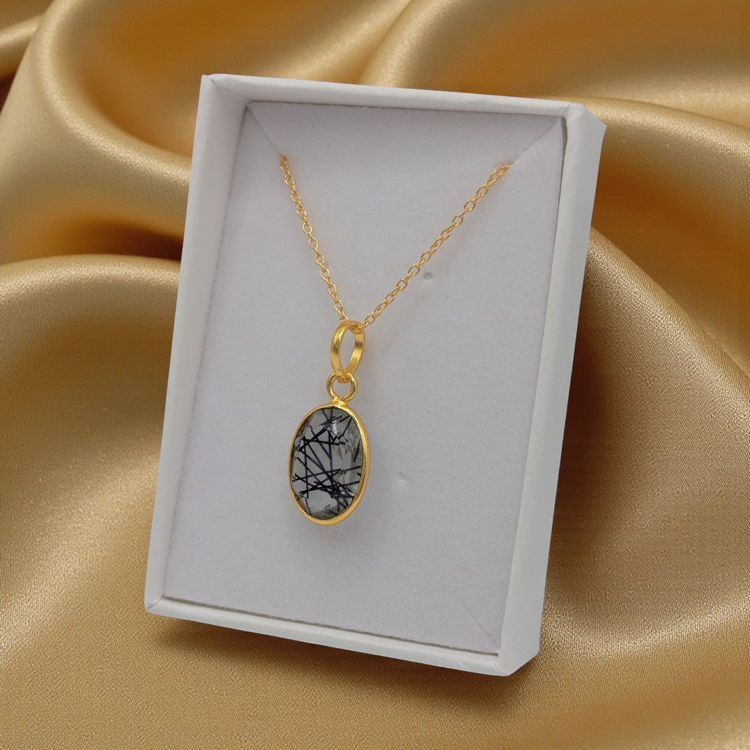 Emira Gold Plated Sterling Silver Black Rutilated Quartz Necklace With Oval Stone