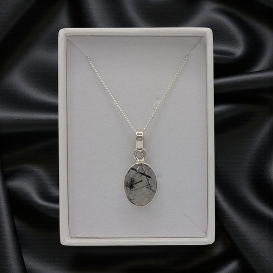 Sterling Silver Emira Black Rutilated Quartz Necklace With Oval Stone