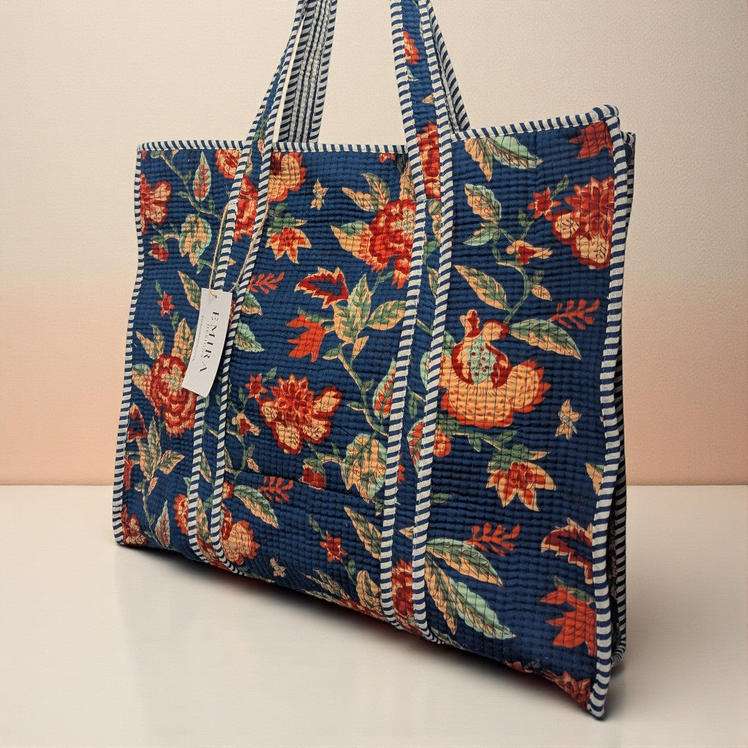 Navy Floral Hand Block Printed Cotton Tote Bag