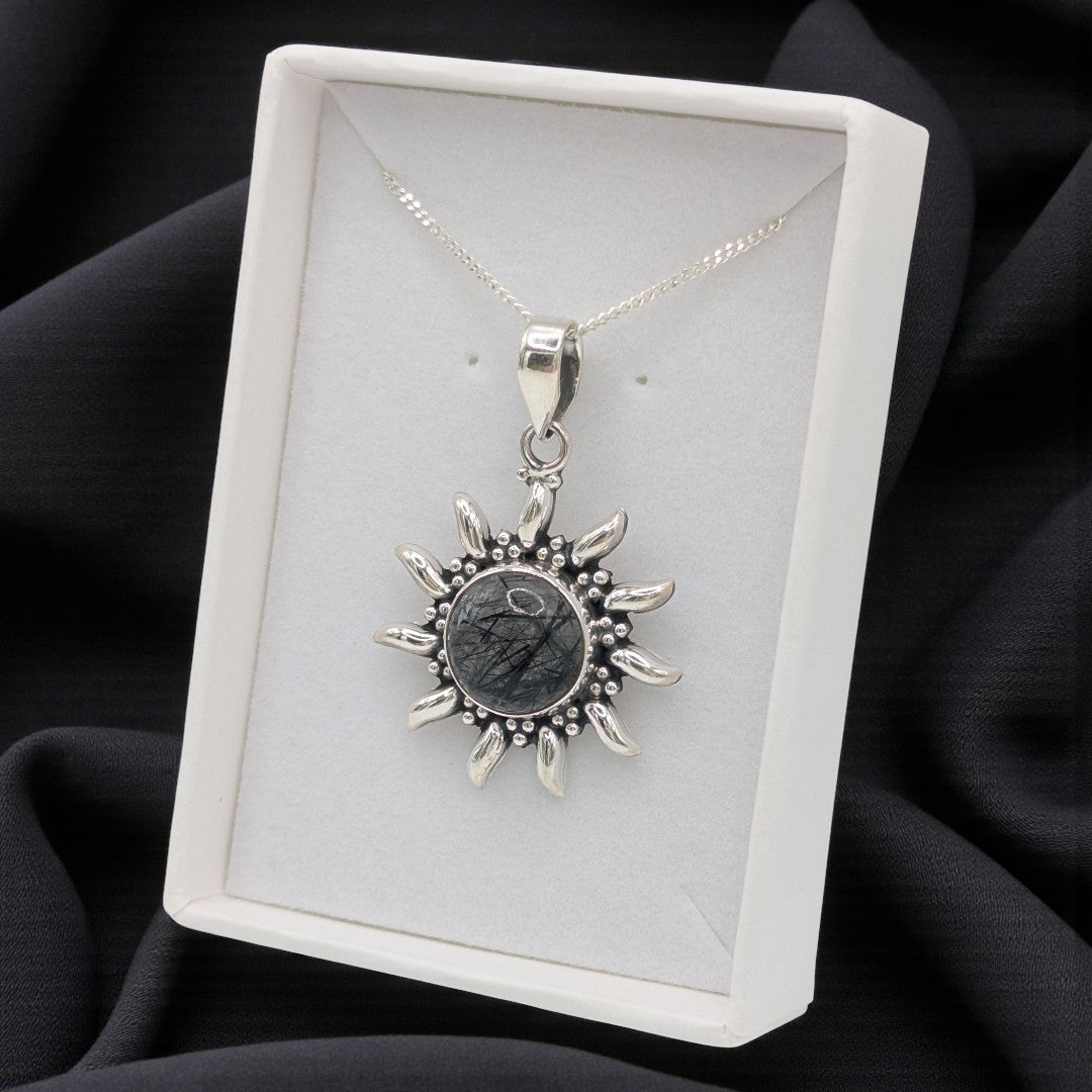 Sterling Silver Emira Black Rutilated Quartz Celestial Sun Necklace