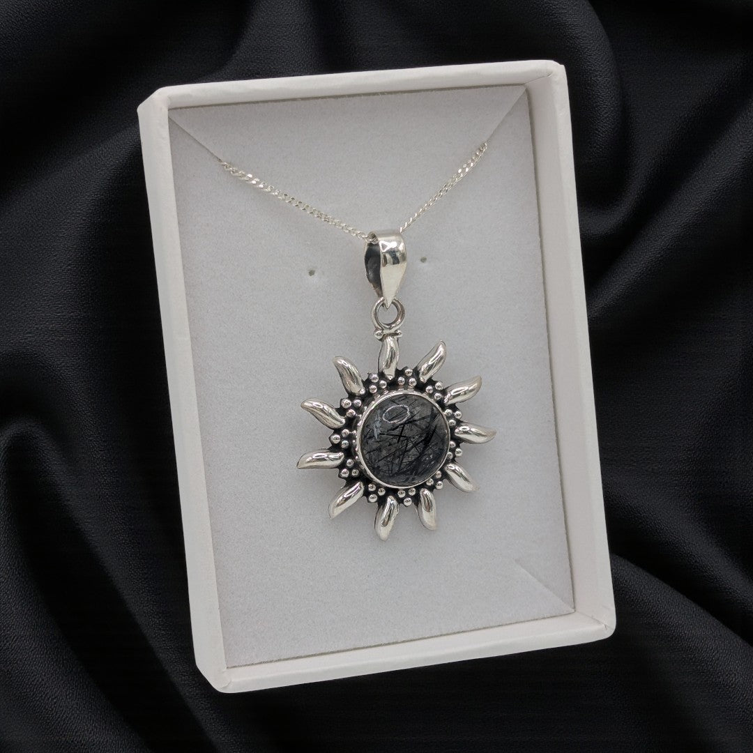Sterling Silver Emira Black Rutilated Quartz Celestial Sun Necklace