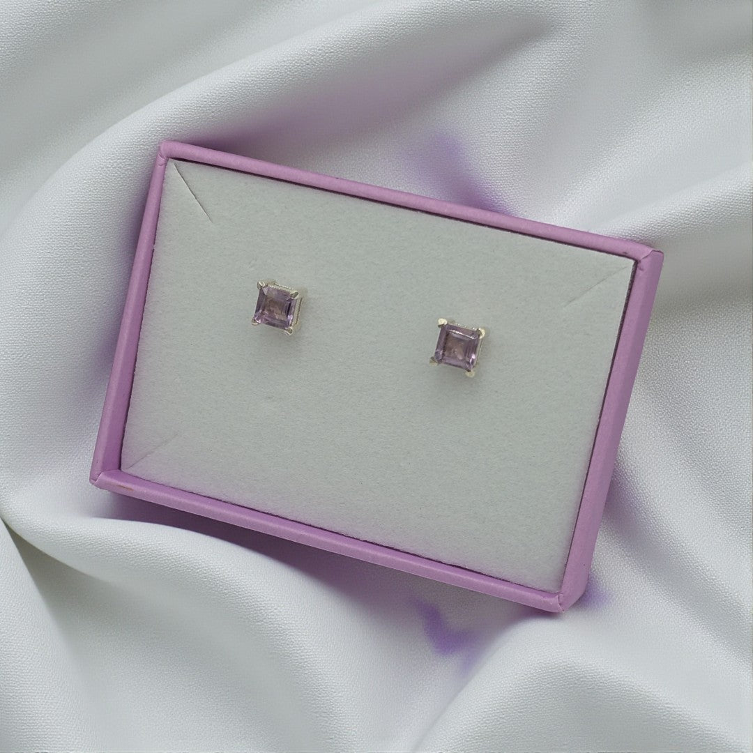 Sterling Silver Amethyst Square Stud Earrings 0.2"