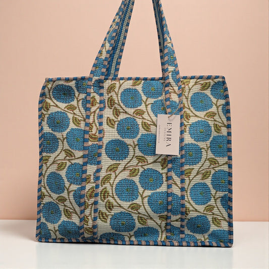 Turquoise Floral Hand Block Printed Cotton Tote Bag