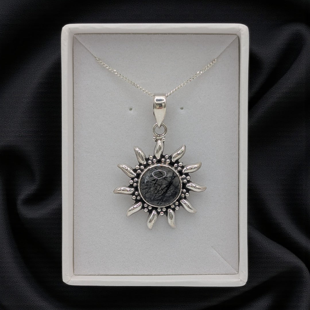 Sterling Silver Emira Black Rutilated Quartz Celestial Sun Necklace