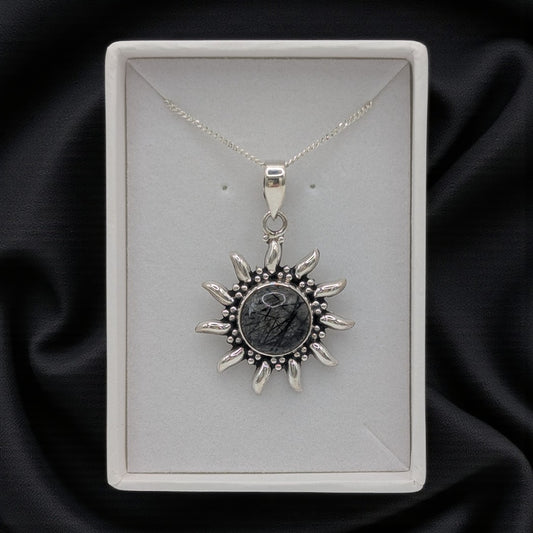 Sterling Silver Emira Black Rutilated Quartz Celestial Sun Necklace