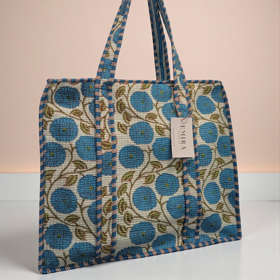 Turquoise Floral Hand Block Printed Cotton Tote Bag