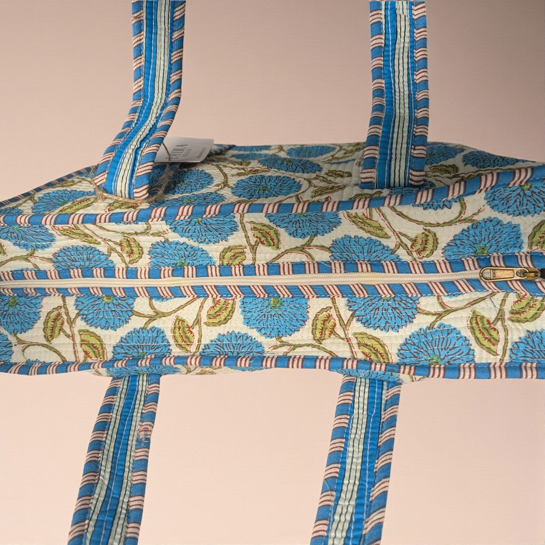 Turquoise Floral Hand Block Printed Cotton Tote Bag