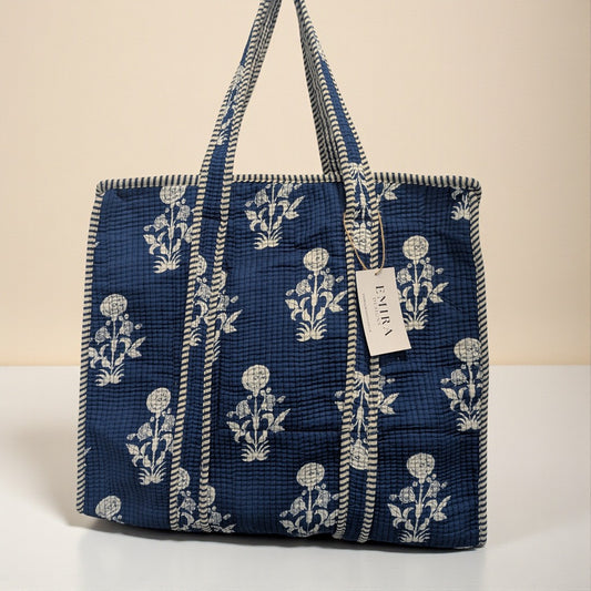 Navy & White Flowers Hand Block Printed Cotton Tote Bag