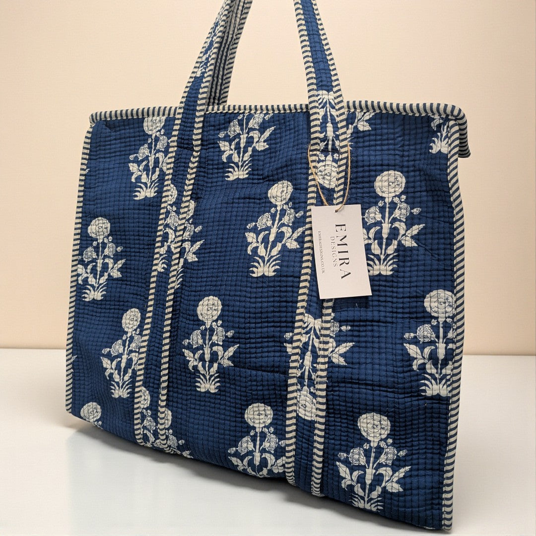 Navy & White Flowers Hand Block Printed Cotton Tote Bag