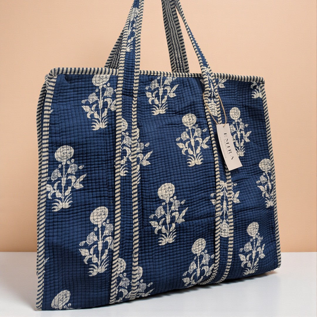 Navy & White Flowers Hand Block Printed Cotton Tote Bag