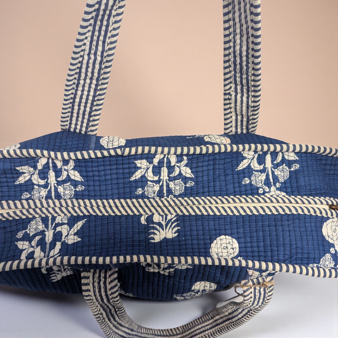 Navy & White Flowers Hand Block Printed Cotton Tote Bag