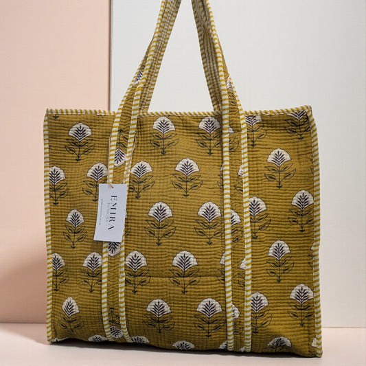 Mustard Yellow Floral Hand Block Printed Cotton Tote Bag