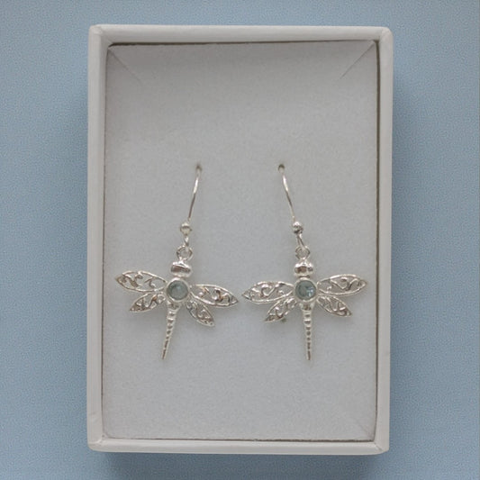 Sterling Silver Emira Dragonfly Blue Topaz Drop Earrings 1.5"
