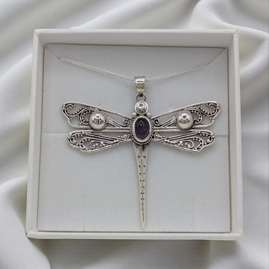 Sterling Silver Emira Amethyst Large Dragonfly Necklace