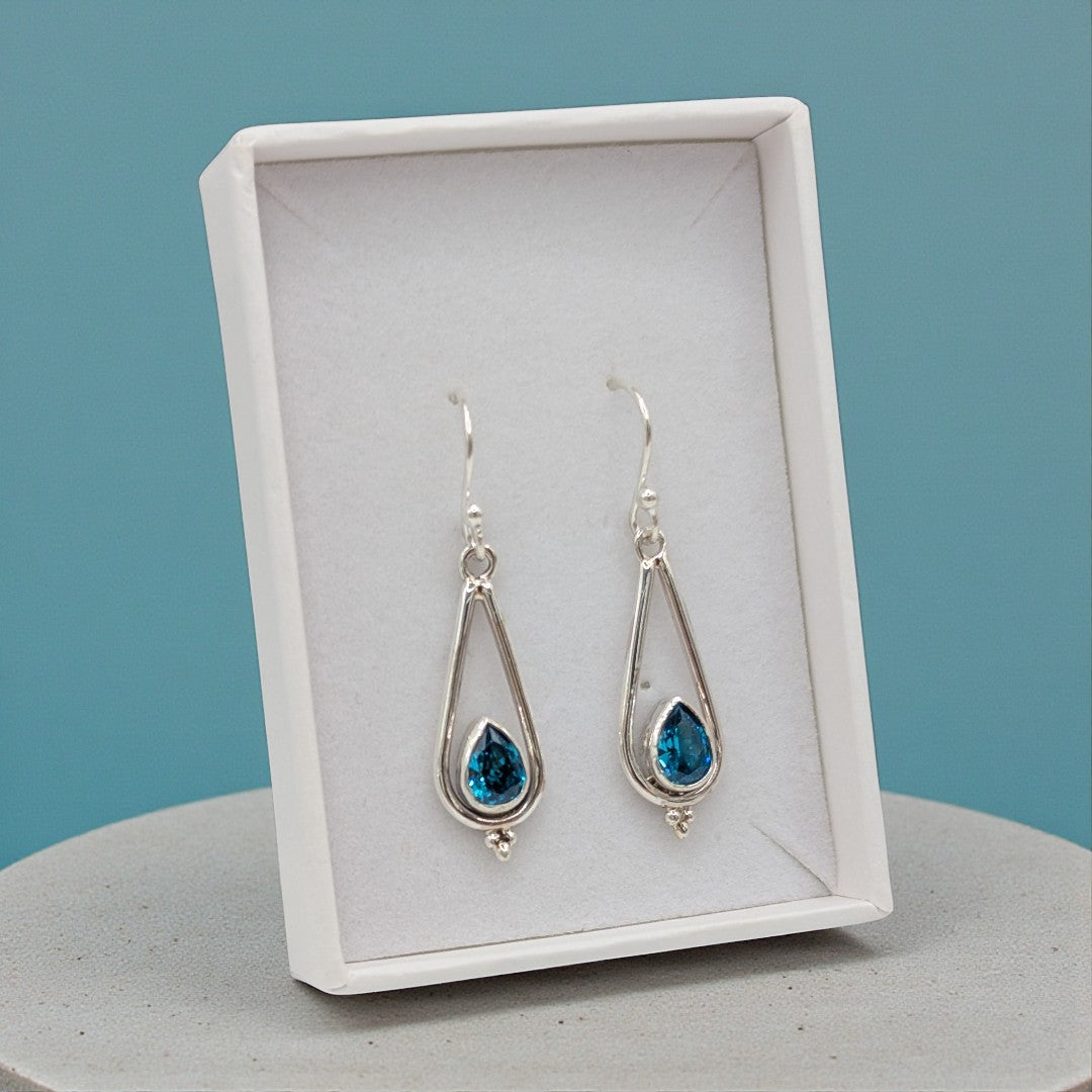 Sterling Silver Emira London Blue Topaz Tear Drop Earrings 1.3"