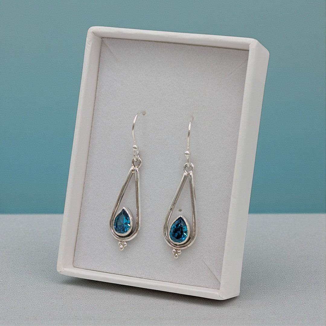 Sterling Silver Emira London Blue Topaz Tear Drop Earrings 1.3"