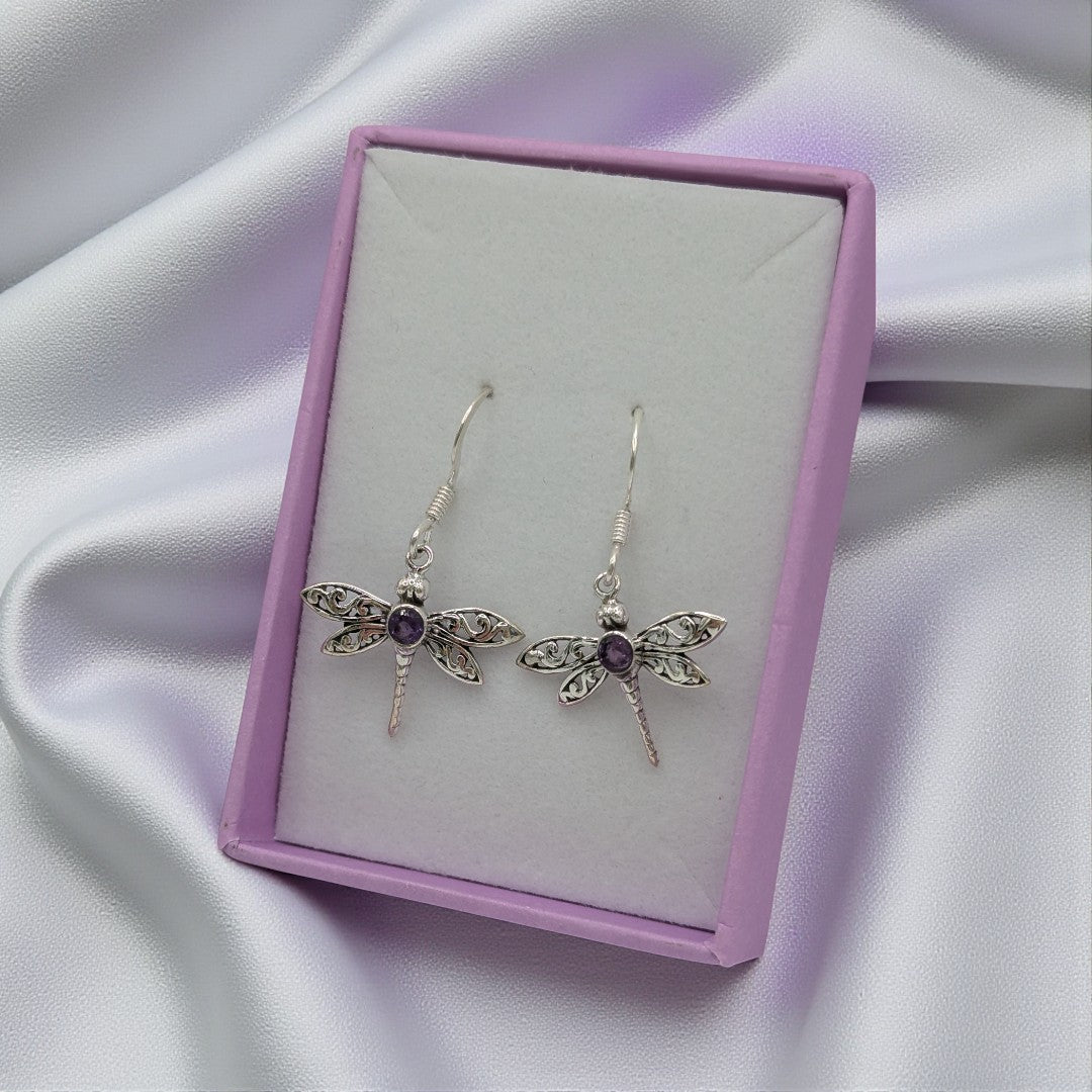 Sterling Silver Dragonfly Amethyst Drop Earrings 1.5"