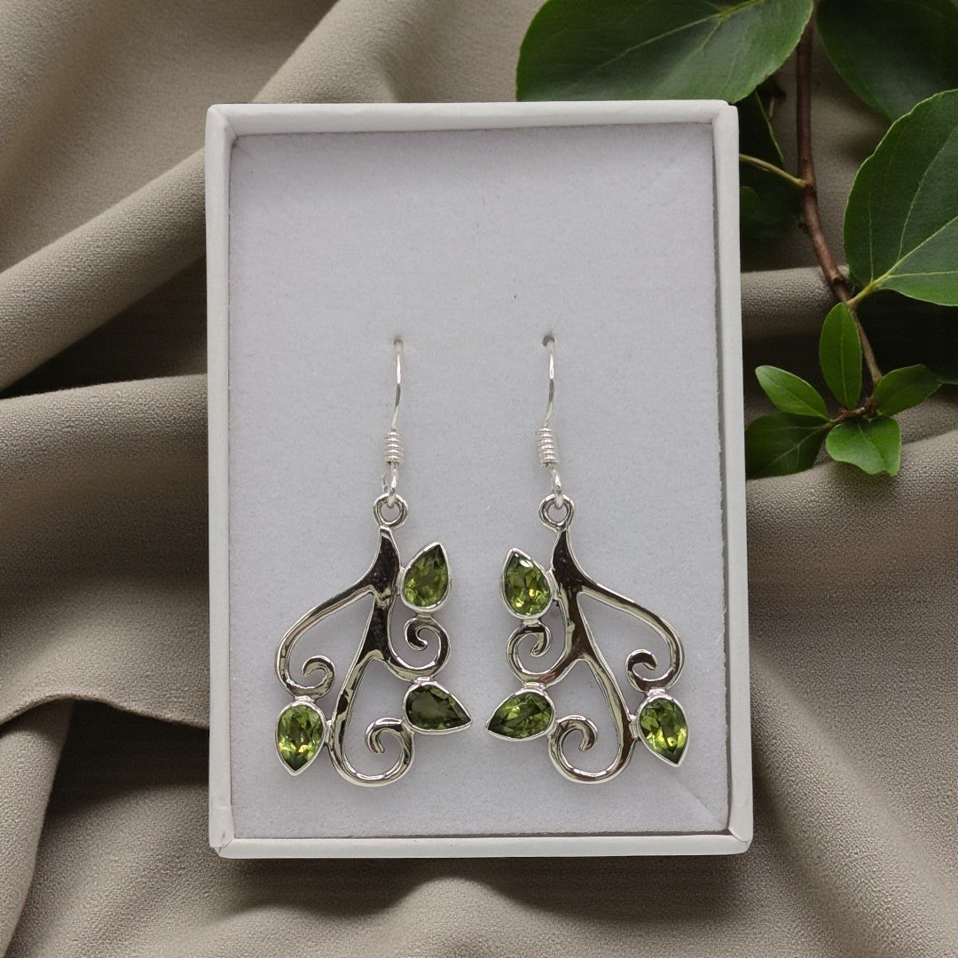 Sterling Silver Peridot Tree Branch Drop Earrings 1.6"