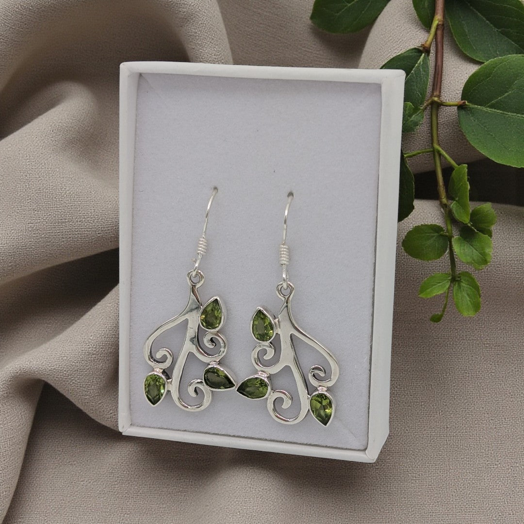 Sterling Silver Peridot Tree Branch Drop Earrings 1.6"