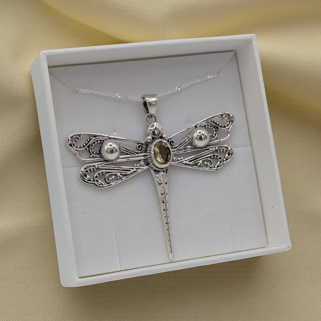 Sterling Silver Emira Citrine Large Dragonfly Necklace