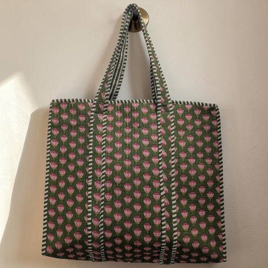 Green & Pink Tulip Print Hand Block Printed Cotton Tote Bag