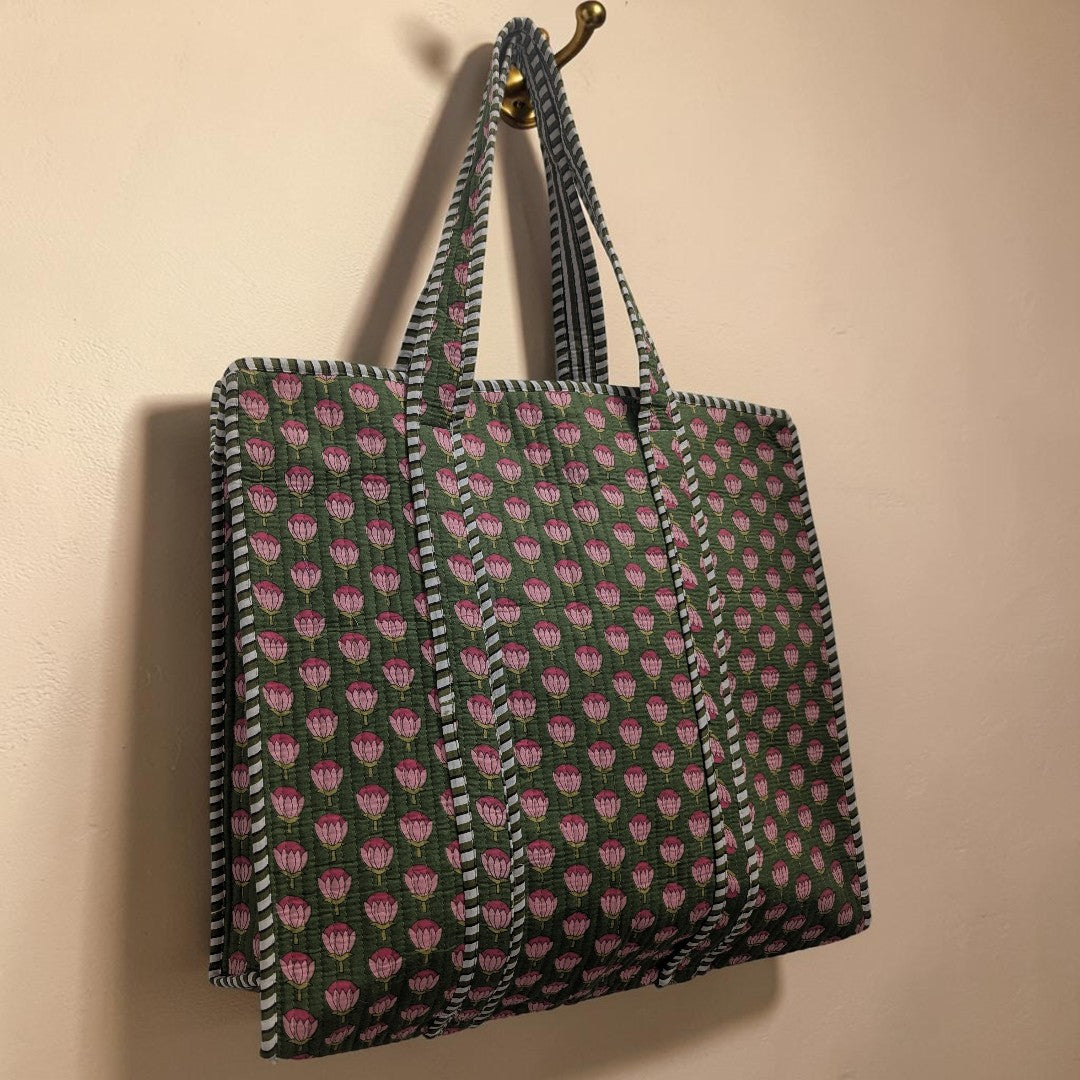 Green & Pink Tulip Print Hand Block Printed Cotton Tote Bag
