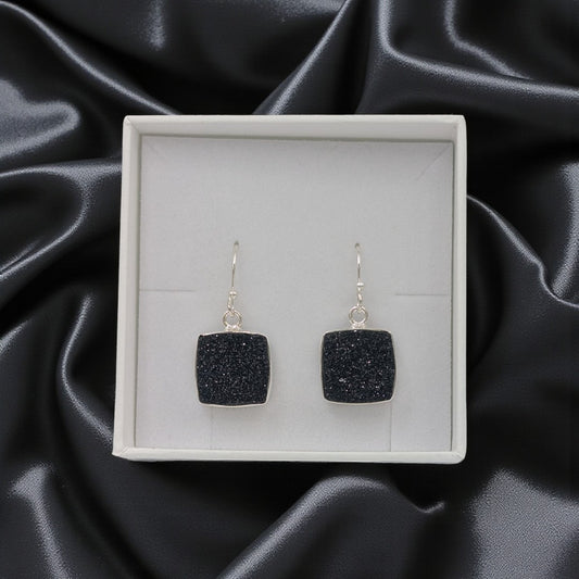 Sterling Silver Black Druzy Square Stone Drop Earrings 1.2"