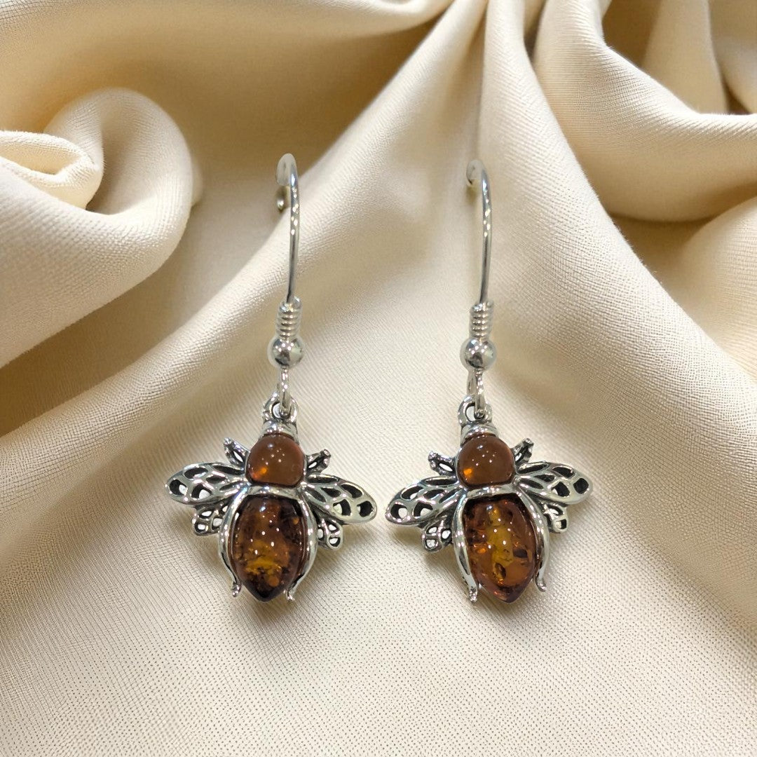 Sterling Silver Amber Bee Drop Earrings