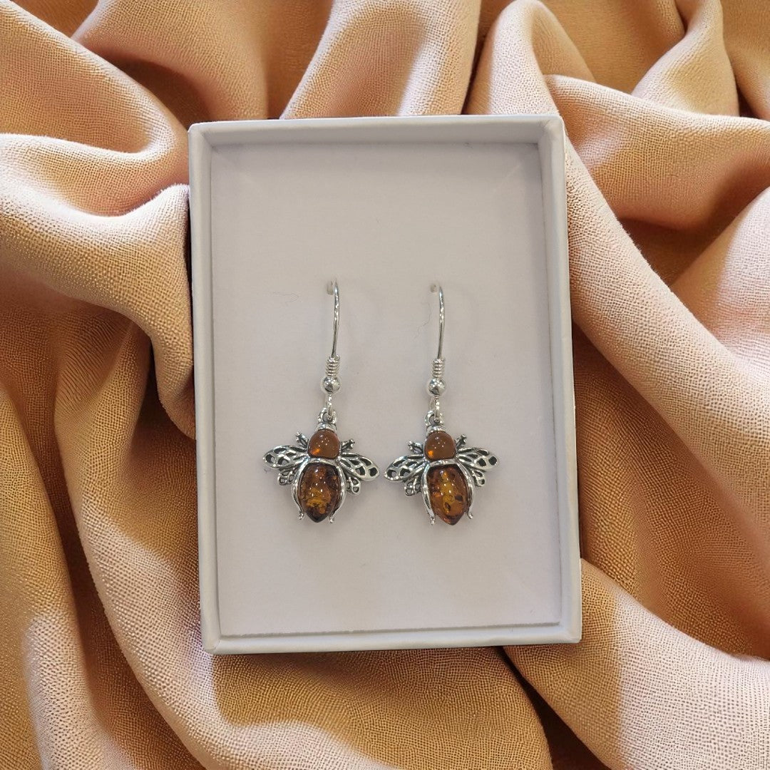 Sterling Silver Amber Bee Drop Earrings