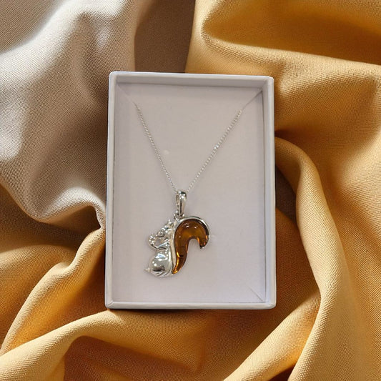 Sterling Silver Baltic Amber Squirrel Necklace