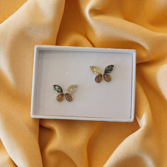 Sterling Silver Multi Amber Butterfly Stud Earrings