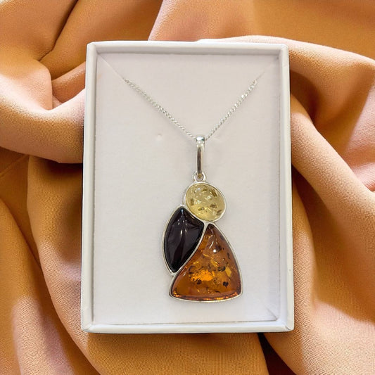 Sterling Silver Tri Coloured Amber Necklace
