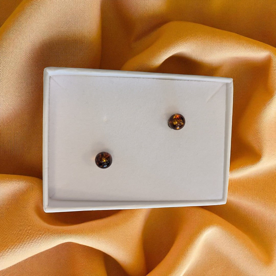 Sterling Silver Baltic Amber Round Stud Earrings